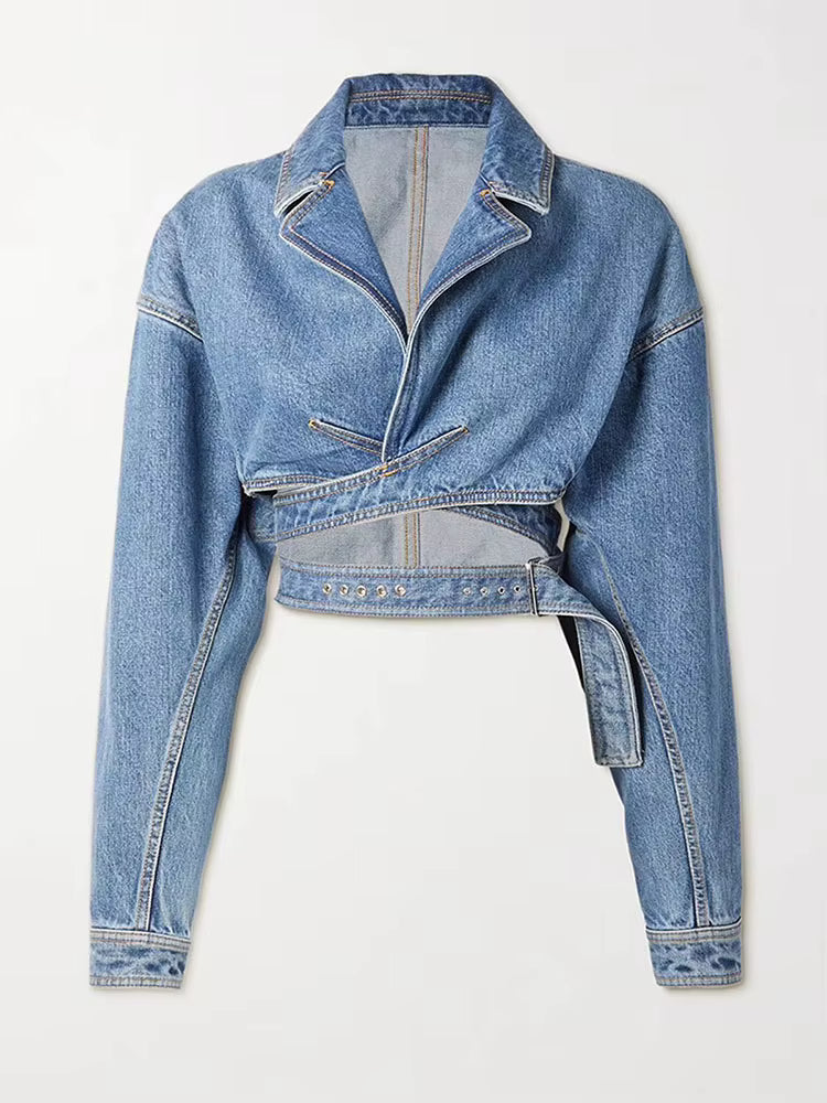 Denim Cropped Blazer met Kanten Taille