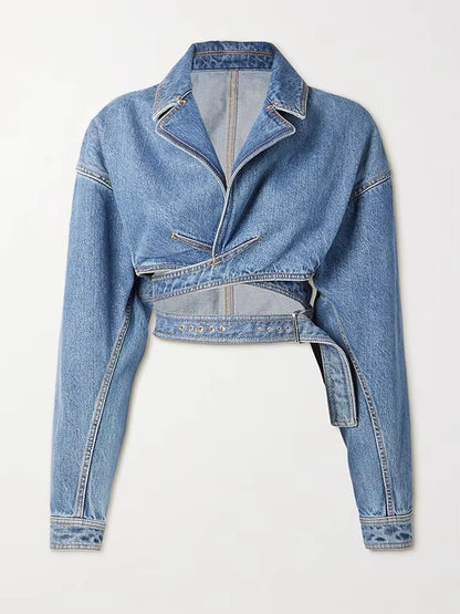 Denim Cropped Blazer met Kanten Taille
