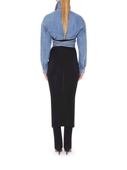 Denim Cropped Blazer met Kanten Taille