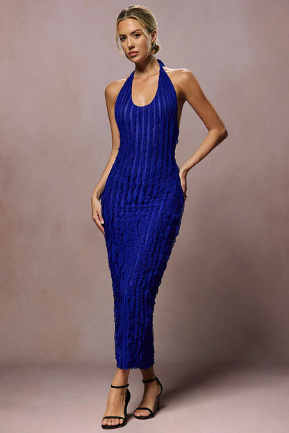 Maxi-jurk met transparante ruches, halterhals en open rug