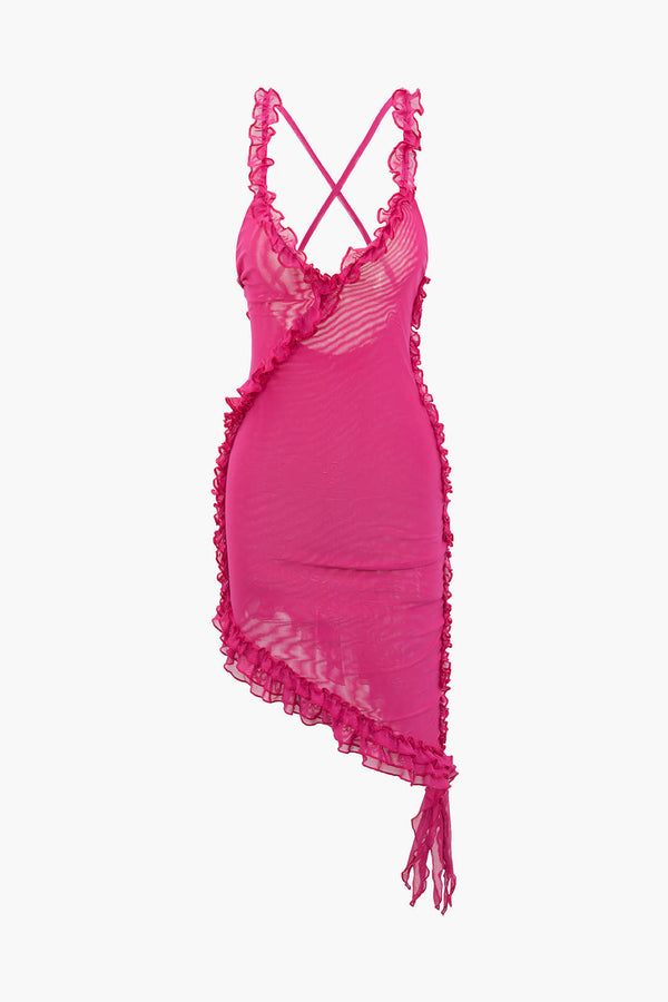 Transparante mesh minijurk met volants en open rug