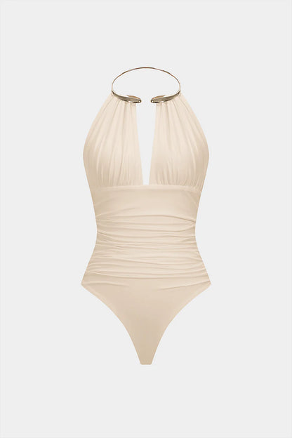 Bodysuit met metallic details, halternek en open rug