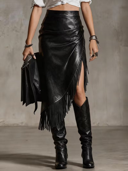 Vintage asymmetrische PU-rok met franjes