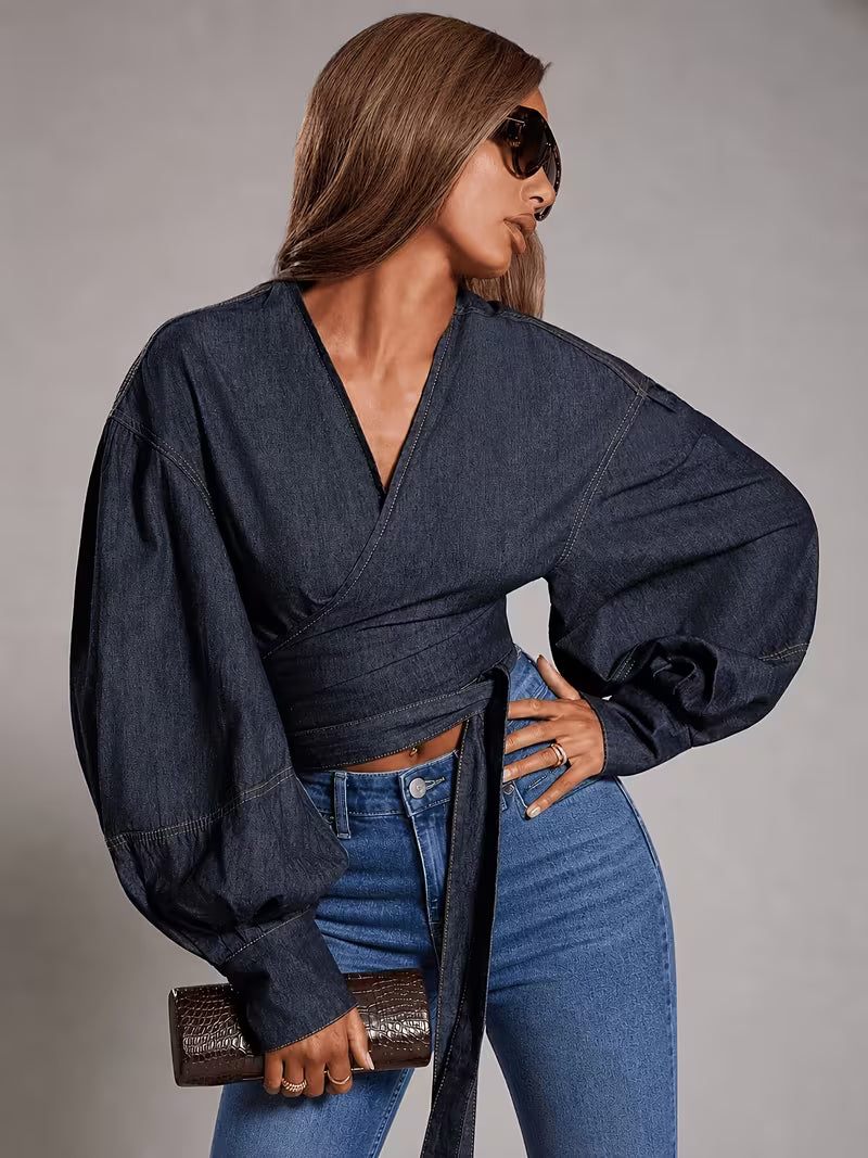 Denim Wikkelblouse met Pofmouwen