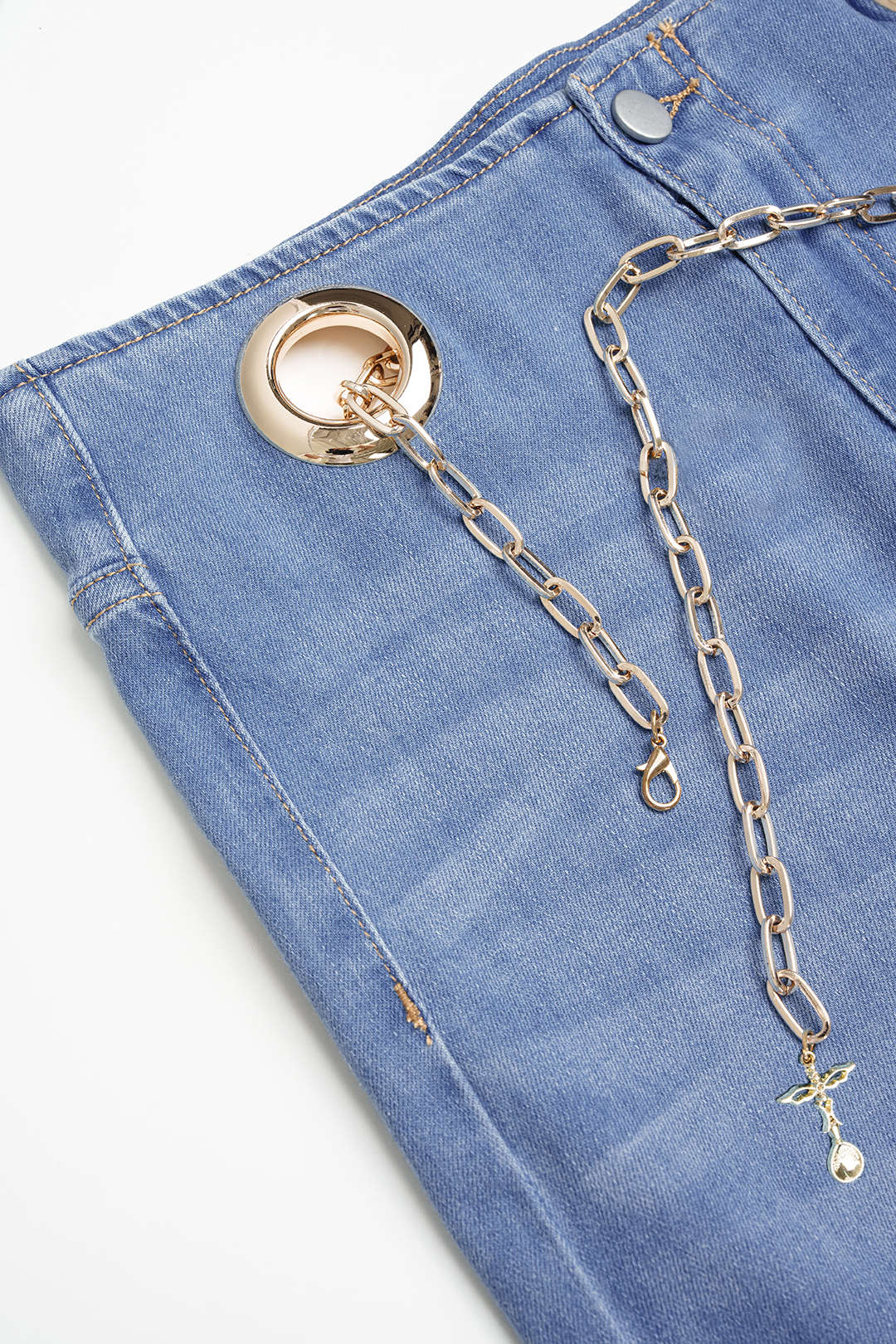 Metallic jeans met kettingdetail en wijde pijpen