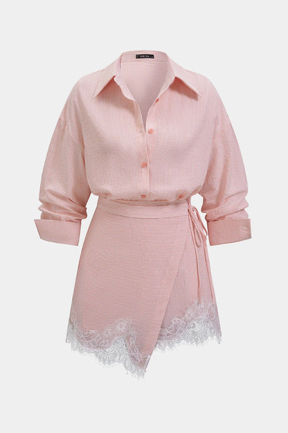 Stripes Print Button Blouse And Wrap Tie-Up Mini Skirt Set
