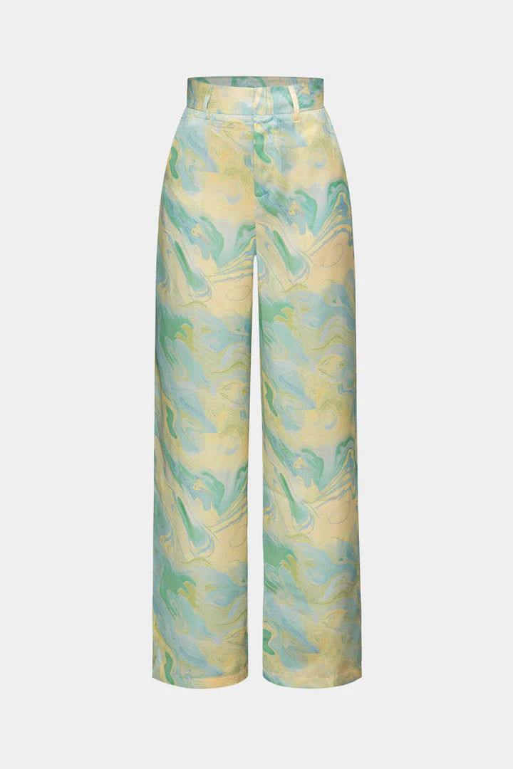 Broek met marmerprint, hoge taille, lange en rechte pijpen