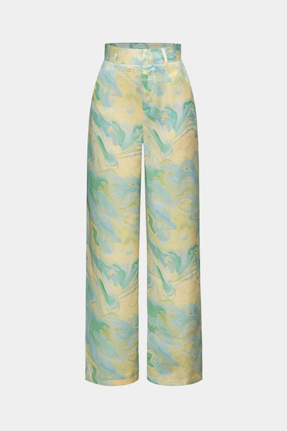 Broek met marmerprint, hoge taille, lange en rechte pijpen