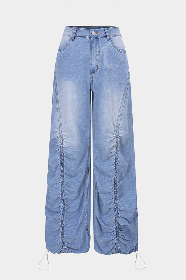 Jeans met ruches, trekkoord en rechte pijp