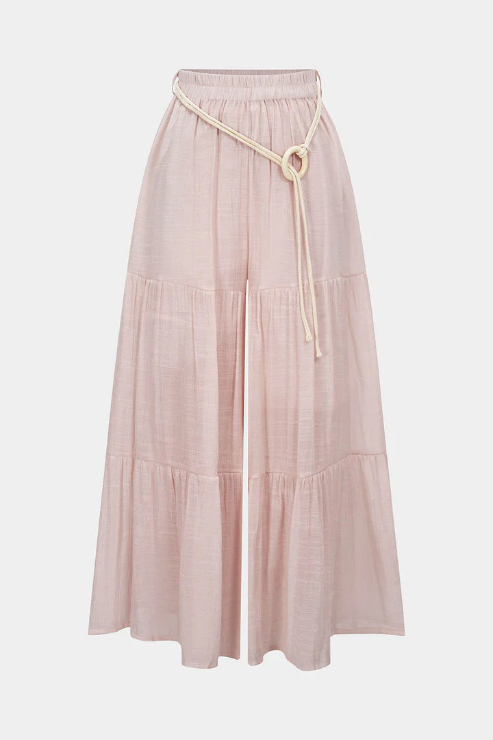 Broek met riem, plooien, hoge taille en wijde pijpen