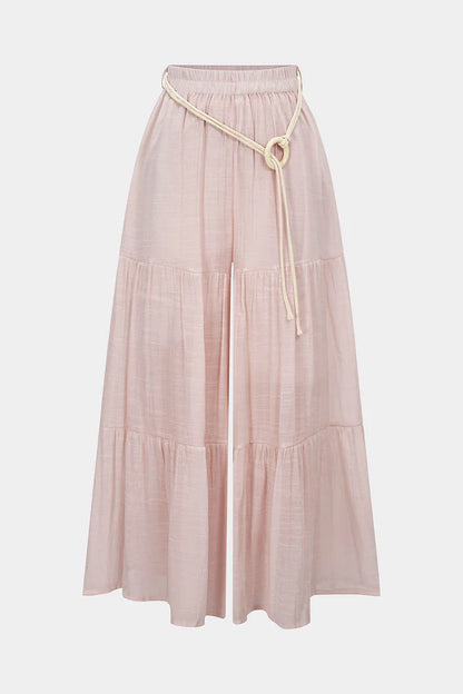 Broek met riem, plooien, hoge taille en wijde pijpen