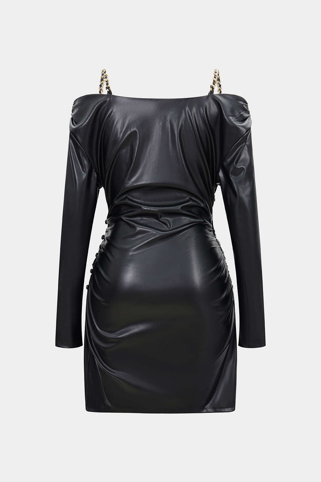 Leren-look minijurk met kettingdetail en blote schouders