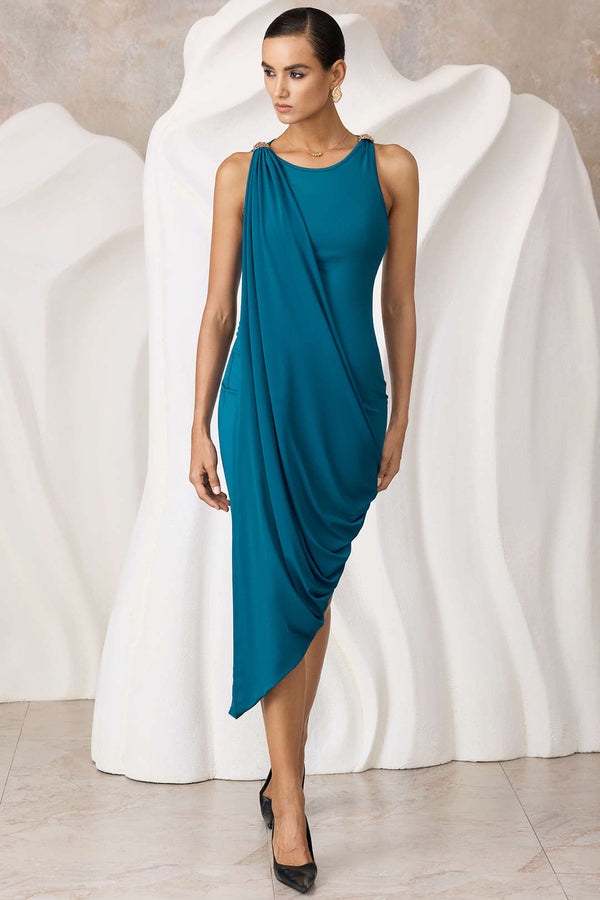 Aya - Asymmetrische mouwloze midijurk met ronde hals en ruches