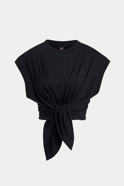 Effen T-shirt met plooien en strik aan de voorkant