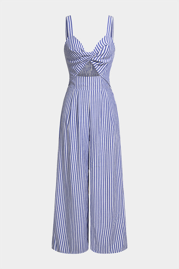 Gestreepte mouwloze jumpsuit met V-hals en gedraaid detail
