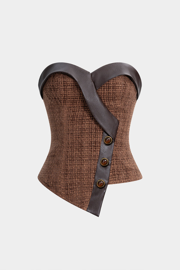 Leren-look patchwork strapless top met knoopjes en rits