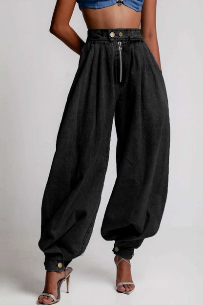 Denim jeans met hoge taille, ritssluiting en ballonmodel