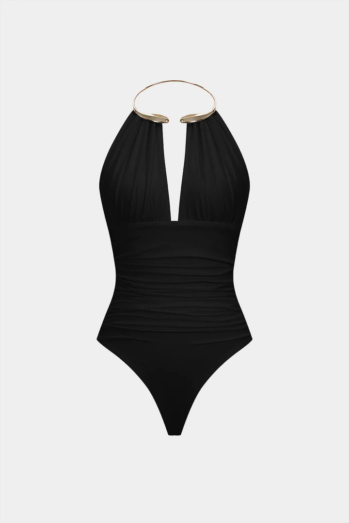 Bodysuit met metallic details, halternek en open rug