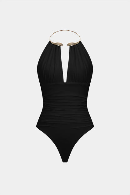 Bodysuit met metallic details, halternek en open rug