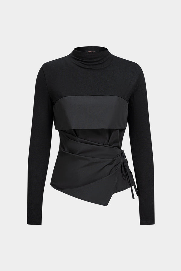 Patchwork top met strik, ruches en lange mouwen