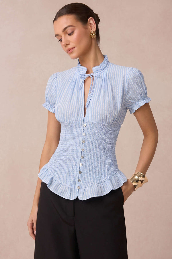 Gestreepte blouse met V-hals, strik en smokwerk