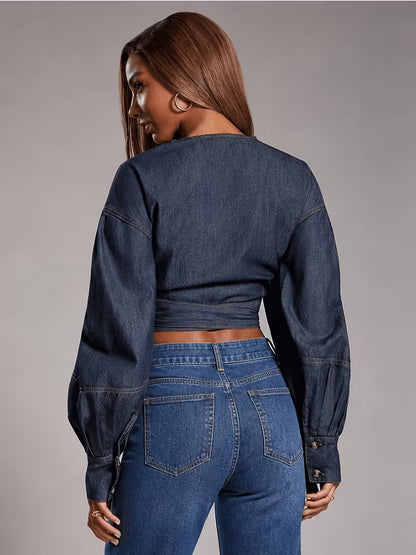 Denim Wikkelblouse met Pofmouwen