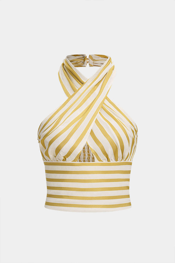 Gestreepte tanktop met halternek en uitsnijding