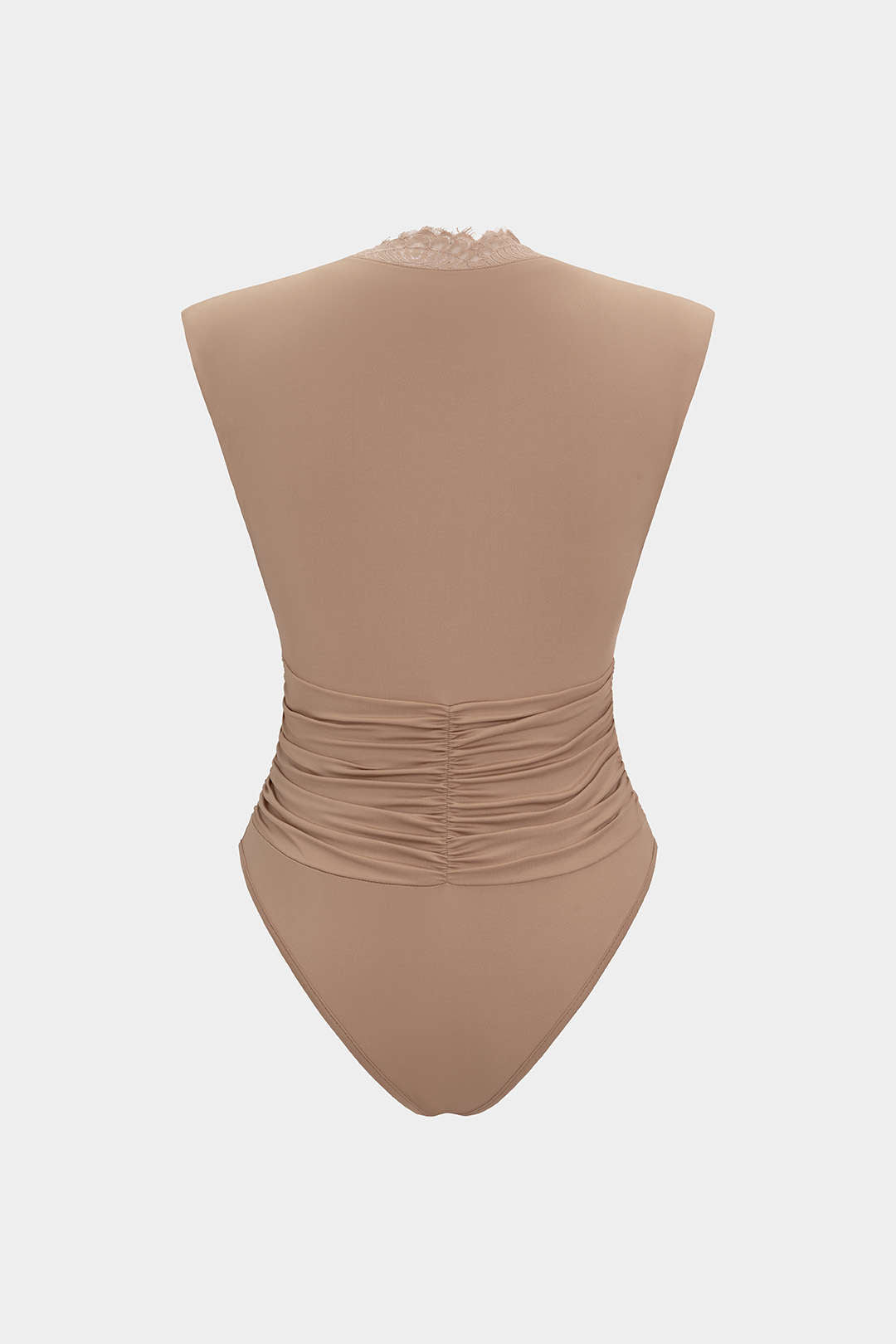 Patchwork mouwloze body met kant, V-hals en ruches