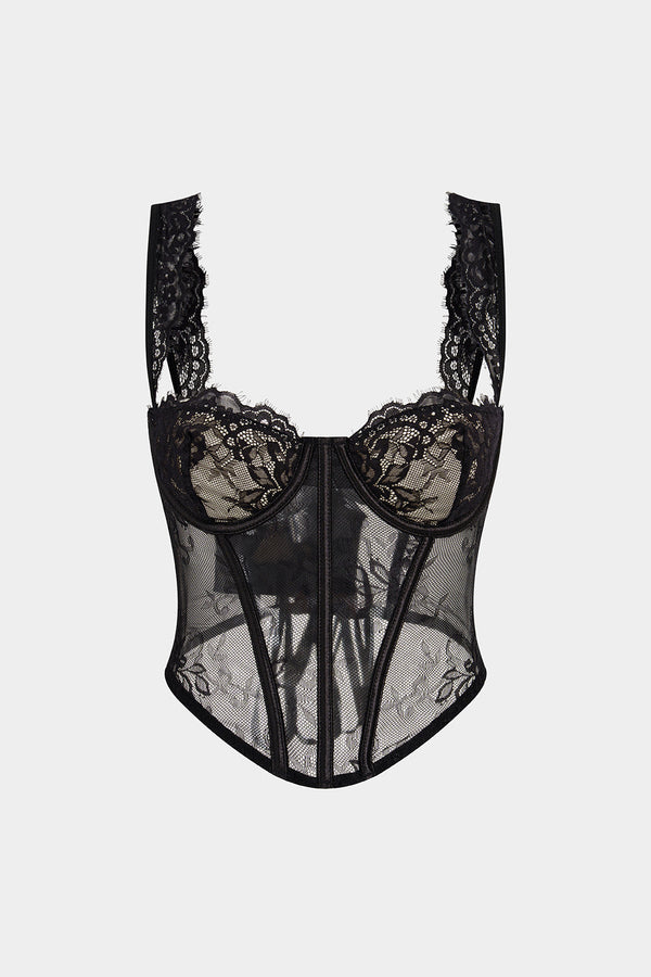 Transparante patchwork top met kant