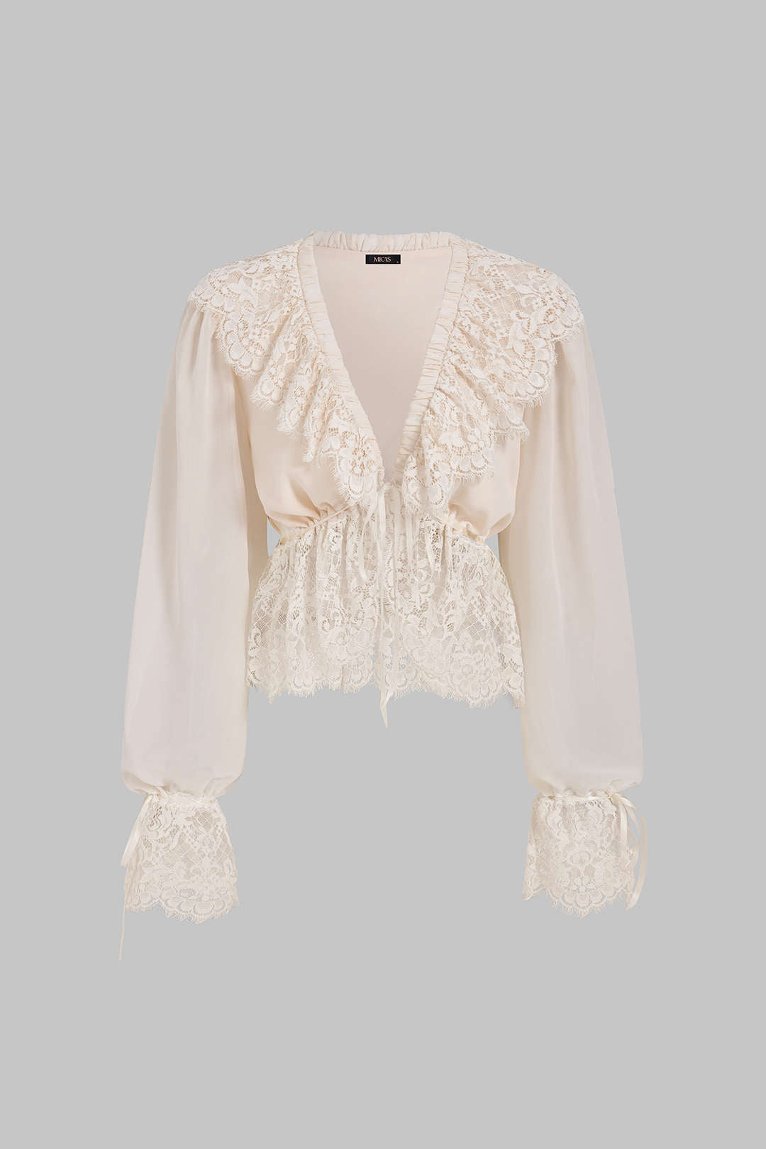 Chiffon patchwork blouse met kanten rand en trekkoord