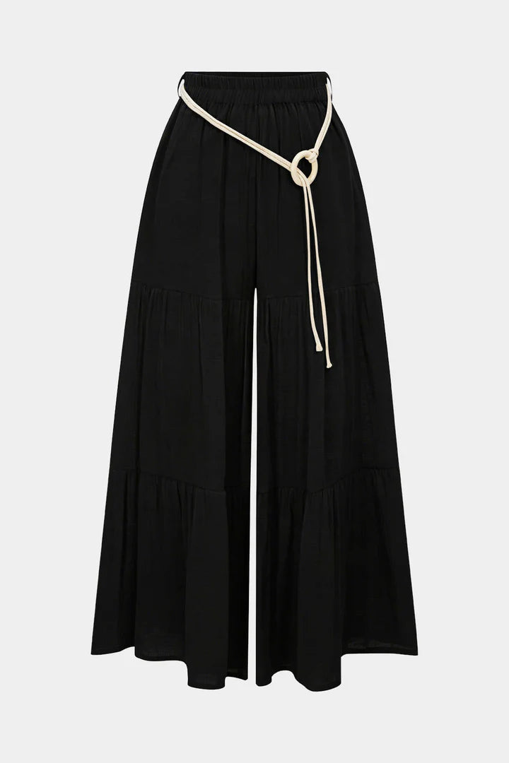 Broek met riem, plooien, hoge taille en wijde pijpen