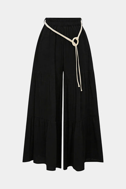 Broek met riem, plooien, hoge taille en wijde pijpen