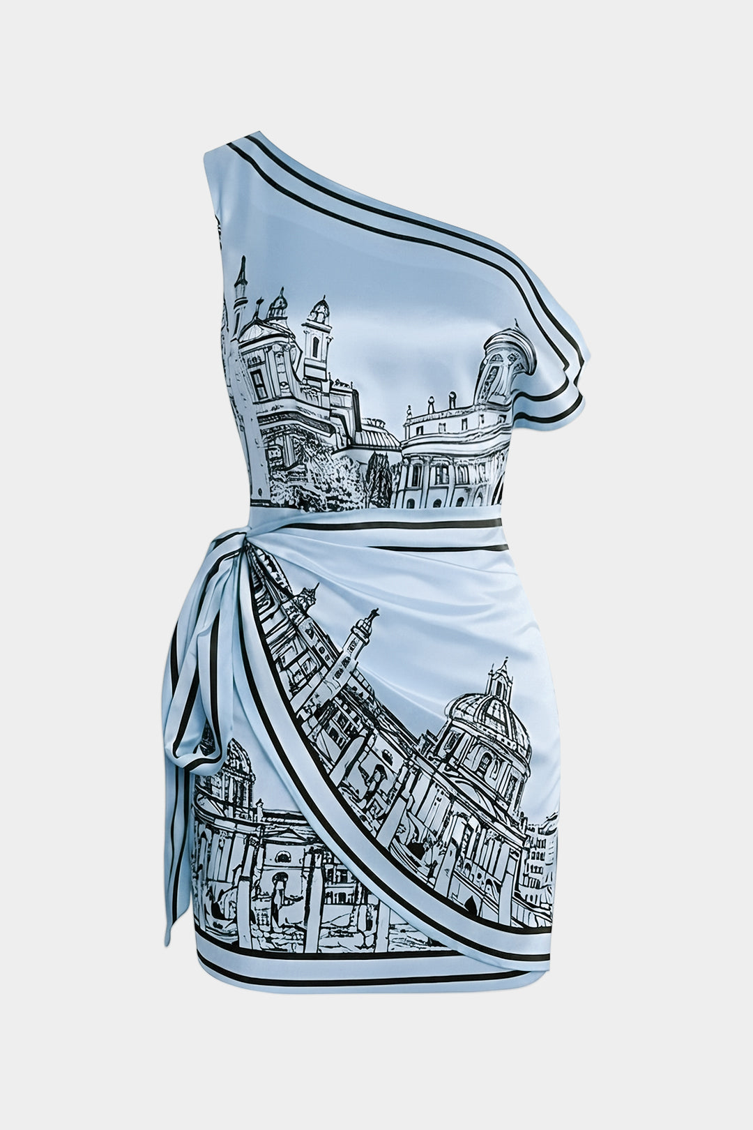 Satijnen asymmetrische midijurk met één schouder en strik
