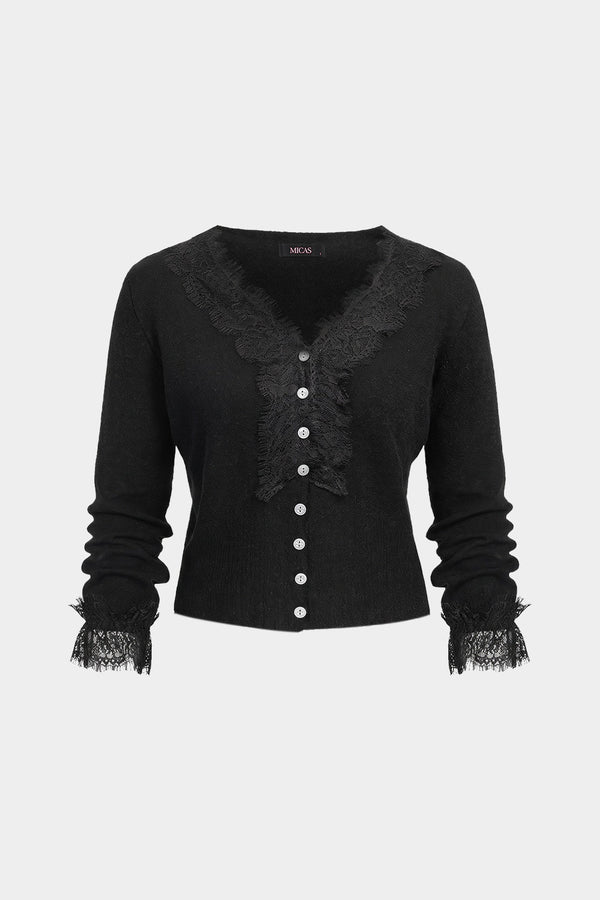Gebreid patchwork vest met kant, V-hals en knoopjes