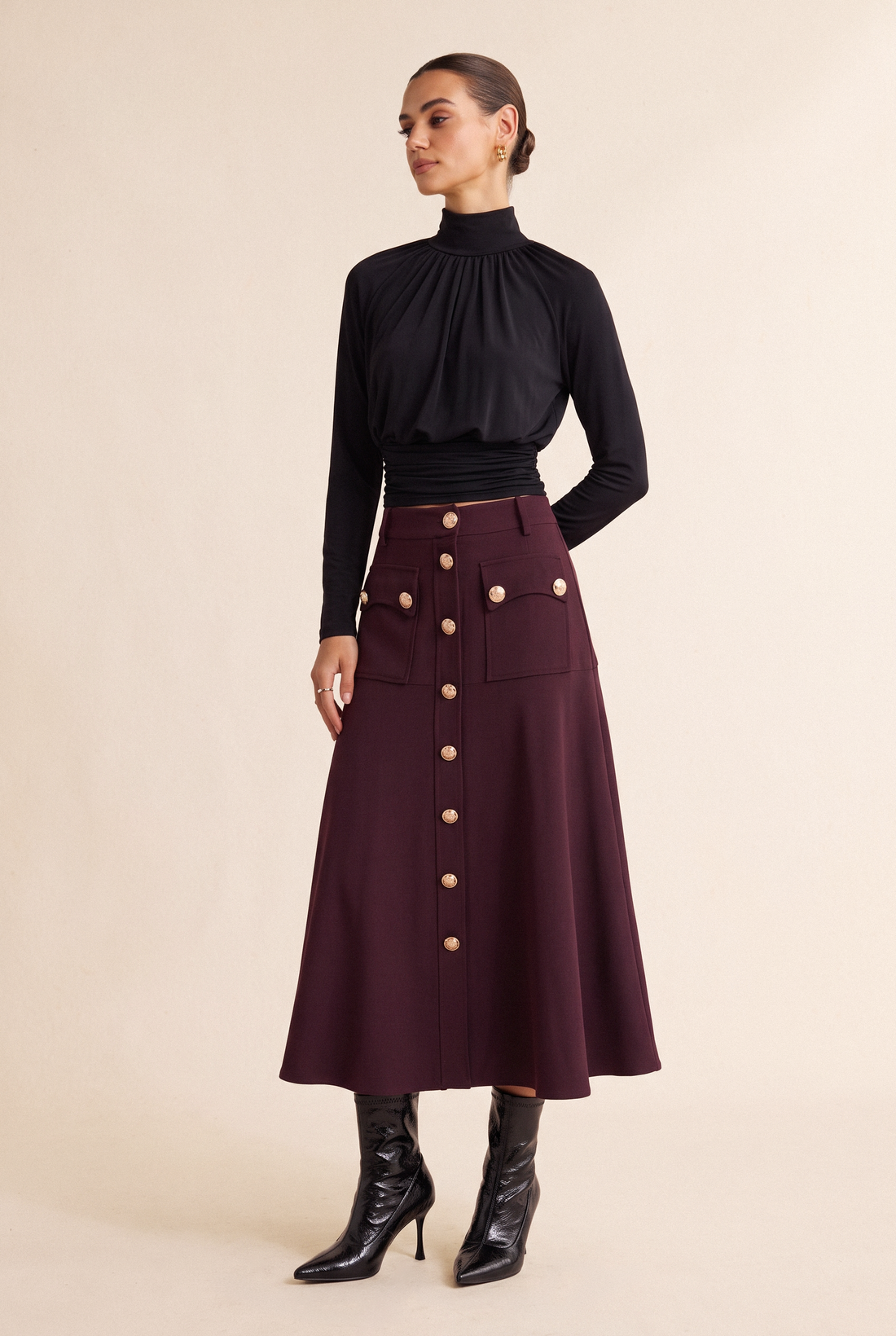 Metallic midirok met knoopjes en hoge taille