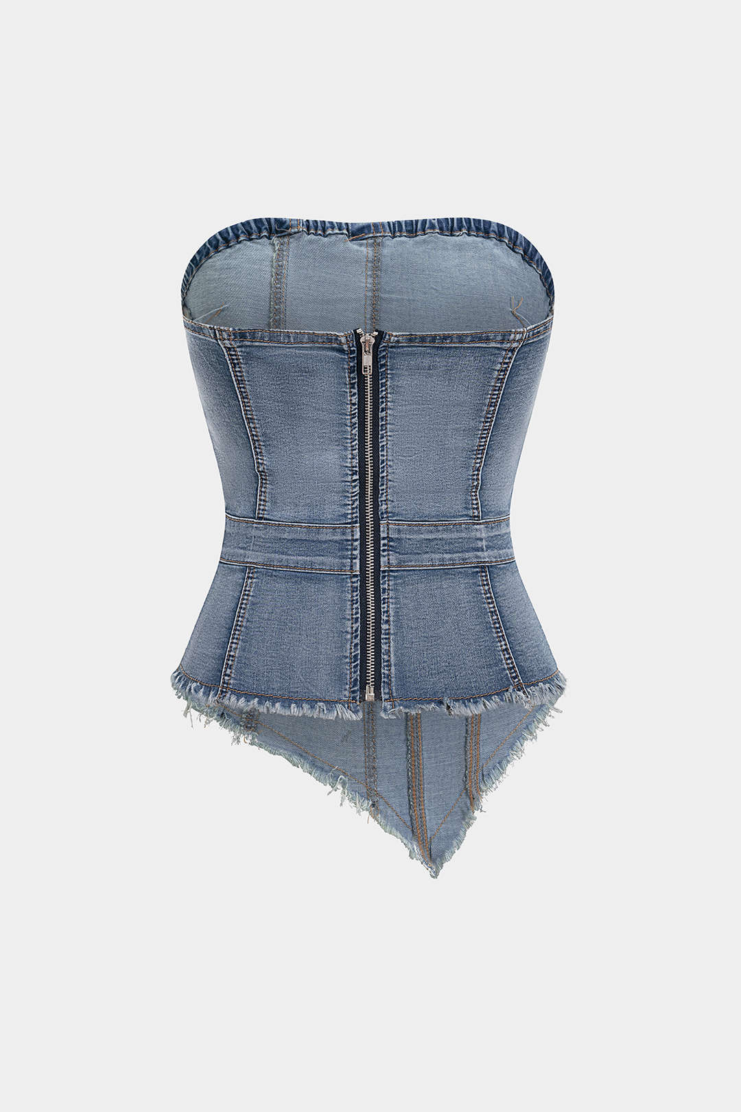 Denim asymmetrische strapless top met rafelrand