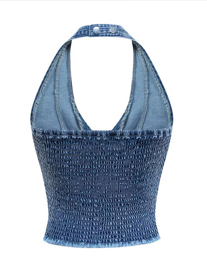 Y2K Denim Halter Top met Geborduurde Patches