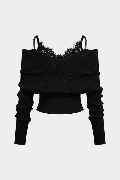 Knit Patchwork Lace Trim Long-Sleeve Top