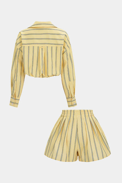 Stripes Print Lapel Long Sleeve Shirt And Wide Leg Shorts Set