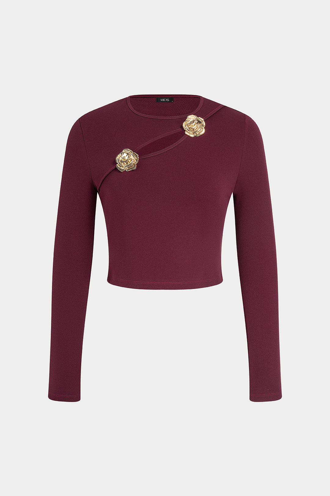Metallic top met ronde hals, uitsnijding en lange mouwen