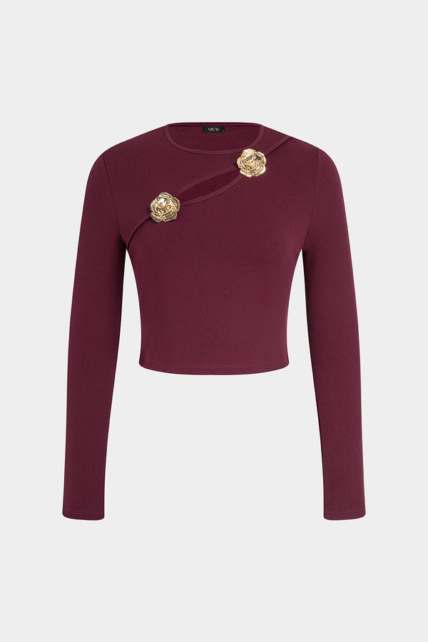 Metallic top met ronde hals, uitsnijding en lange mouwen