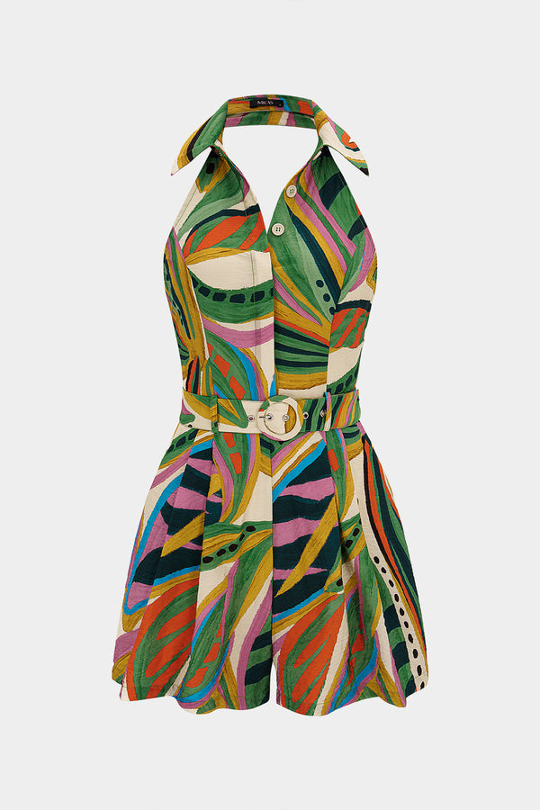 Mouwloze playsuit met knoopjes, halternek en ruches