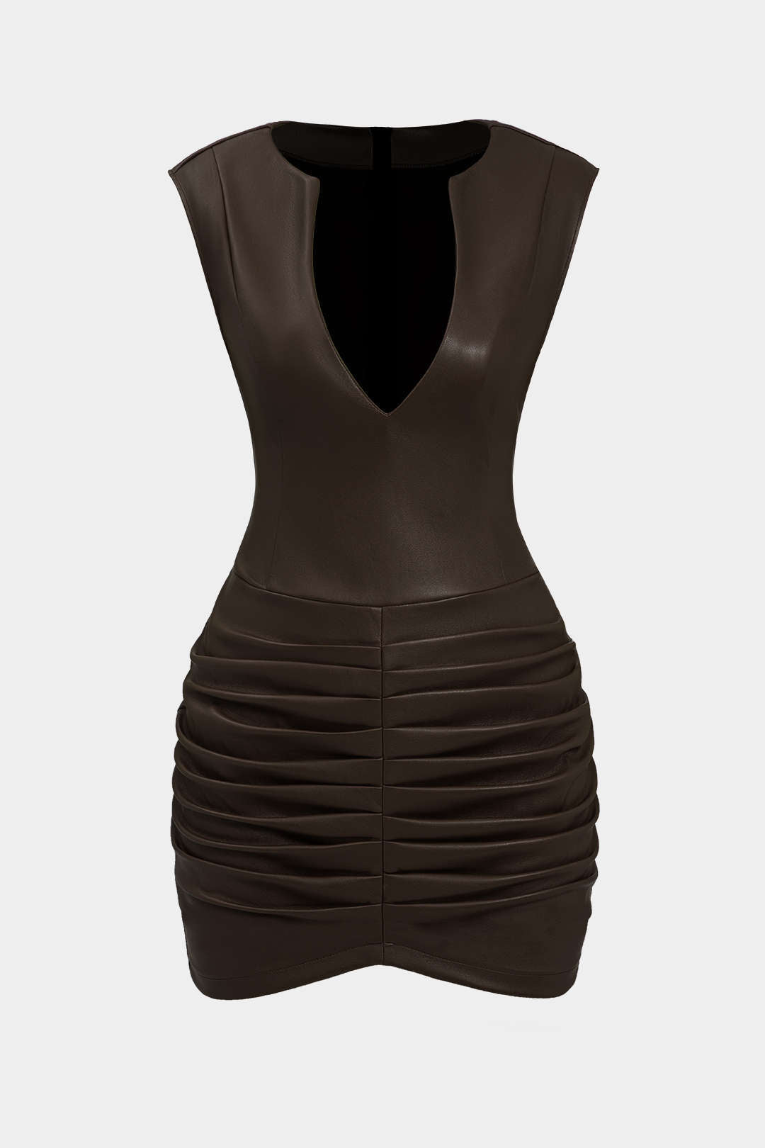 Leren-look minijurk met ruches en V-hals
