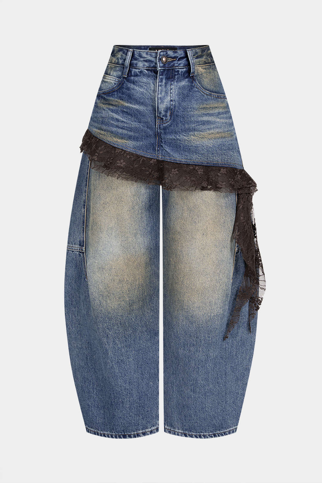 Patchwork jeans met kanten rand, zakken en wijde pijpen