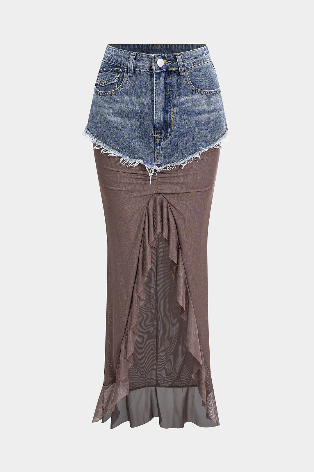 Denim mesh rok met rafelrand, ruches en volants