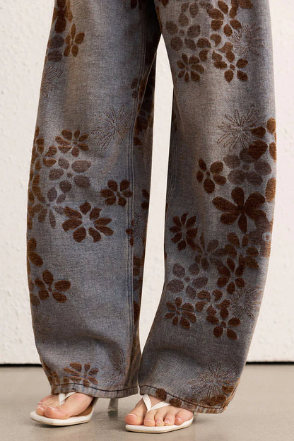 Denim jeans met bloemenprint, hoge taille en zakken