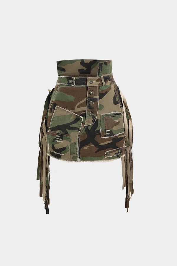 Camouflage patchwork minirok met rafelrand en franjes