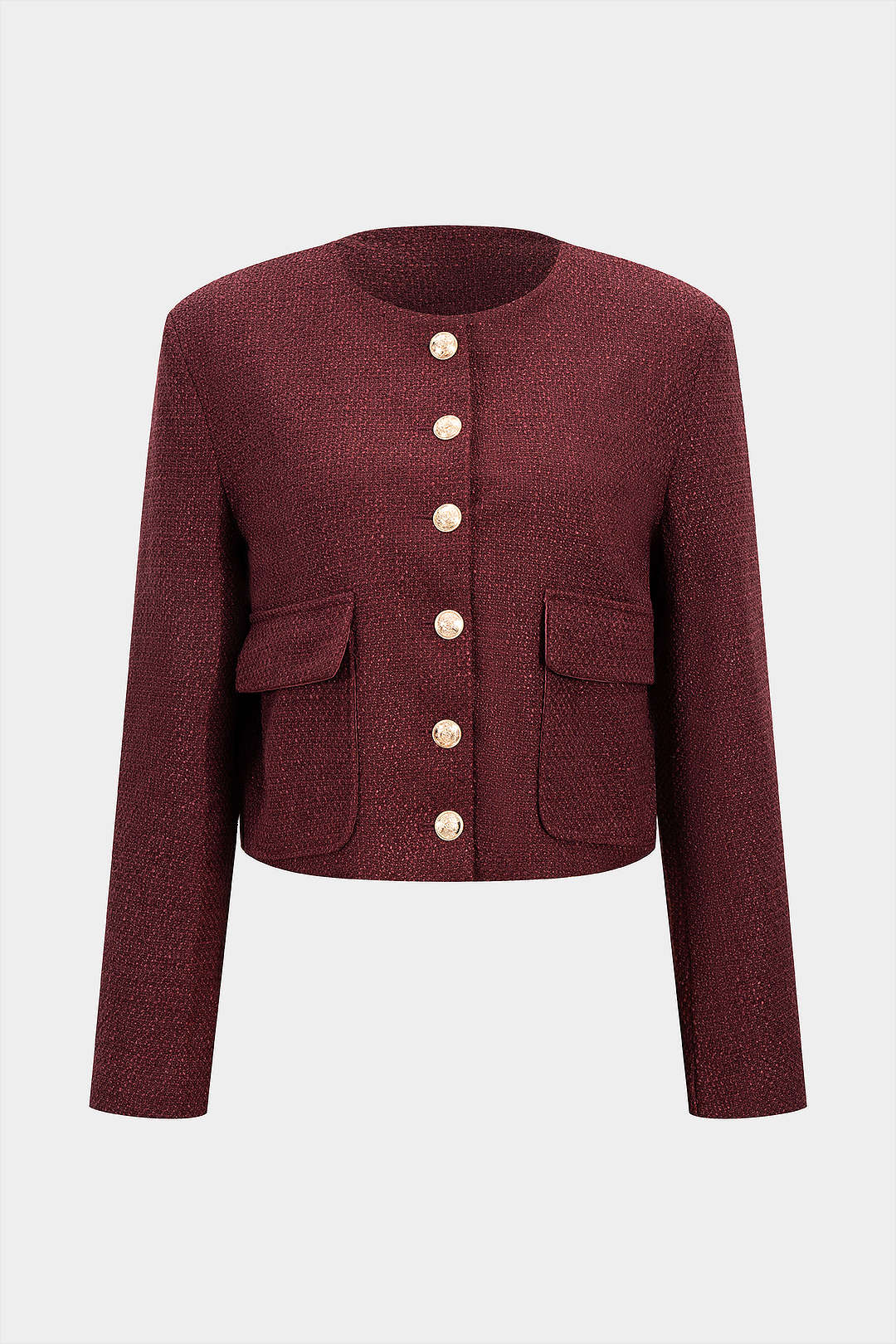 Tweed metallic top met ronde hals, knoopjes en zakken