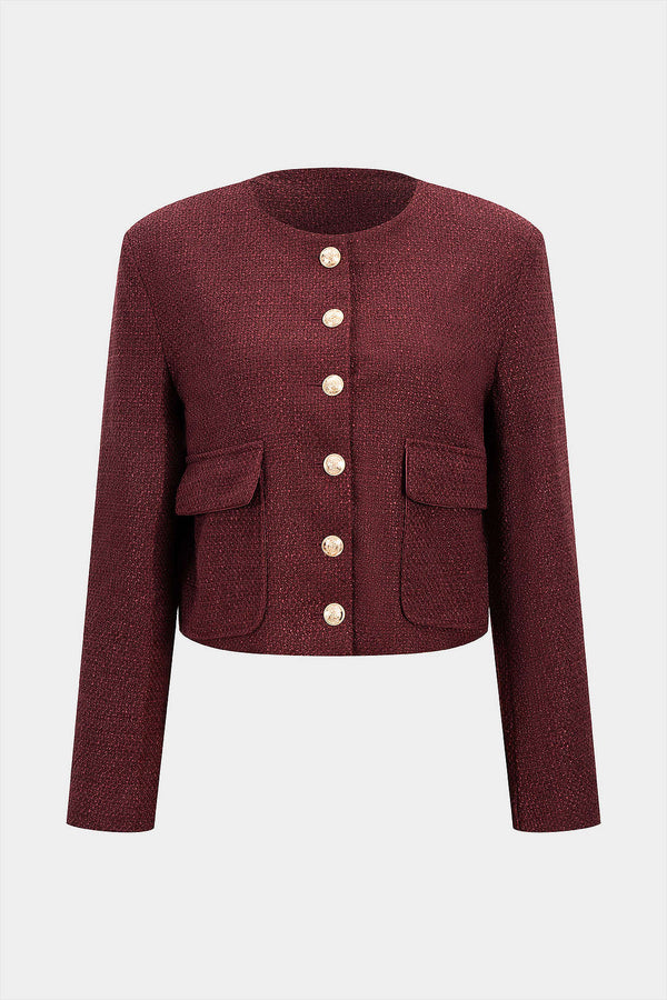 Tweed metallic top met ronde hals, knoopjes en zakken