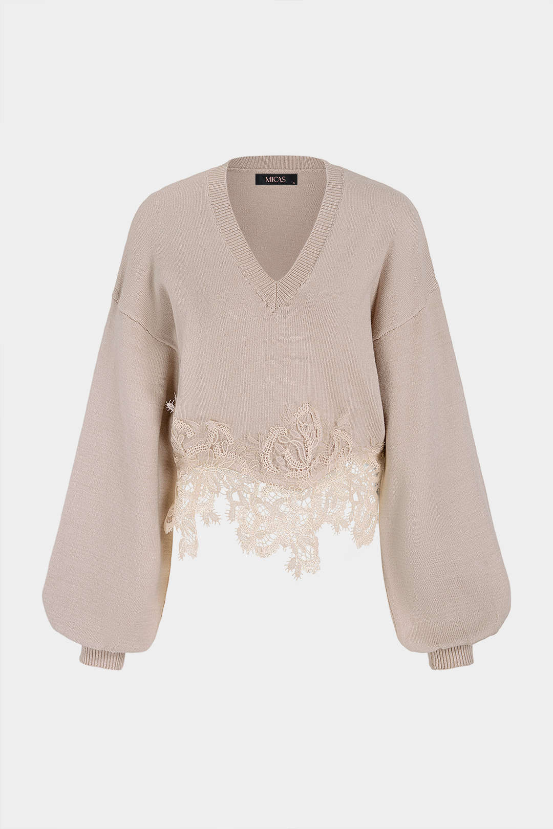 Lara - Gebreide patchwork top met kant, V-hals en lange mouwen